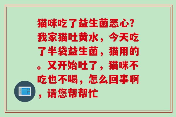 猫咪吃了益生菌恶心？我家猫吐黄水，今天吃了半袋益生菌，猫用的。又开始吐了，猫咪不吃也不喝，怎么回事啊，请您帮帮忙